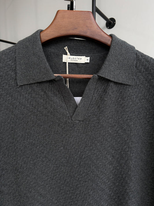 Selected Knitted Polo - Charcoal grey