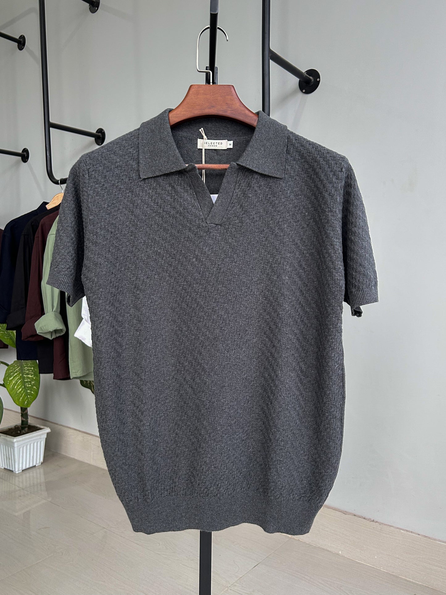 Selected Knitted Polo - Charcoal grey