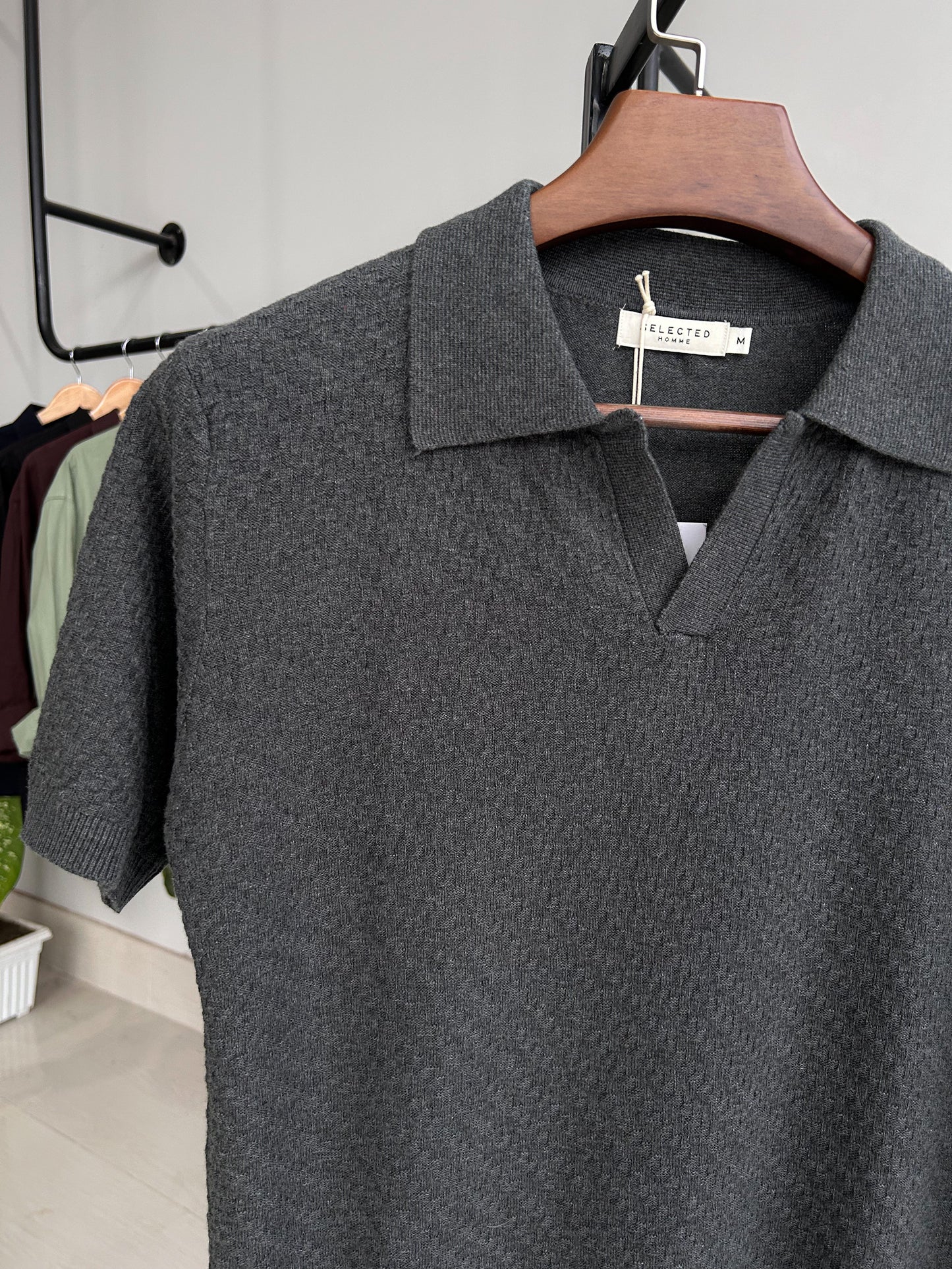 Selected Knitted Polo - Charcoal grey