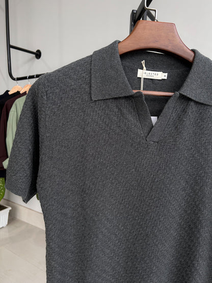 Selected Knitted Polo - Charcoal grey